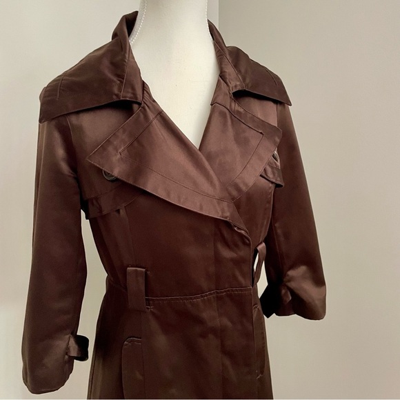 Bebe Vintage Y2K Brown Satin Trench Coat Double Breasted Size Extra Small - Picture 5 of 11
